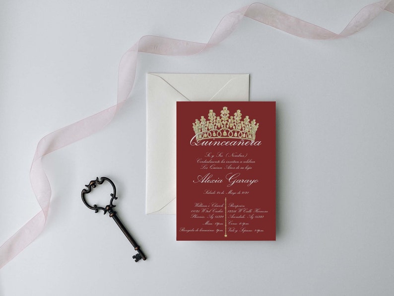 Red Quinceanera Invitation, Red and Gold, Red Quince Invitation, Red with Gold Crown, Red Invitations, #XV320