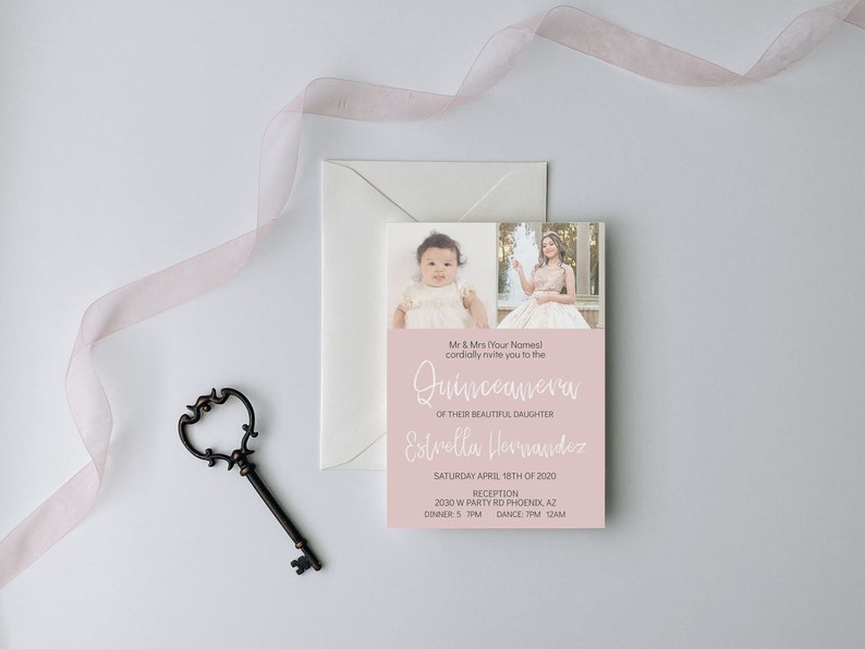 Pink Quinceanera Invitation, Invitation with Photos, Rose Gold Quinceanera, Pink Invitation, Dusty Pink Quinceanera, Blush Quince, #XV330