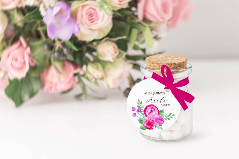 Pink Quinceanera Party Favors, Pink Quinceanera Stickers, Pink Floral Labels, Pink Floral Tag, 2in Circle, #SL311