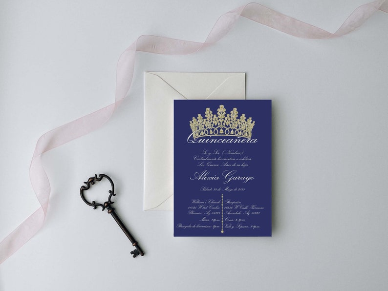 Blue Quinceanera Invitation, Blue and Gold, Blue Quince Invitation, Blue with Gold Crown, Blue Invitation, #XV322