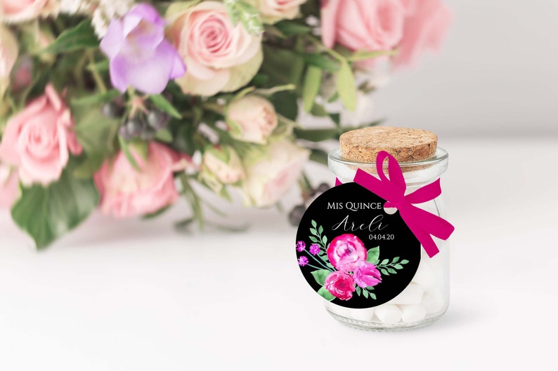 Pink Quinceanera Party Favors, Pink Quinceanera Stickers, Pink Floral Labels, Pink Floral Tag, 2in Circle, #SL310