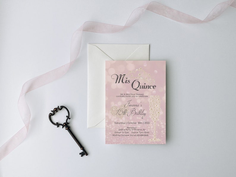Rose Gold Glitter Quinceanera Invitation, Rose Gold Invitation, Rose Gold Party, Rose Gold Birthday Invitation, Pink Quinceanera