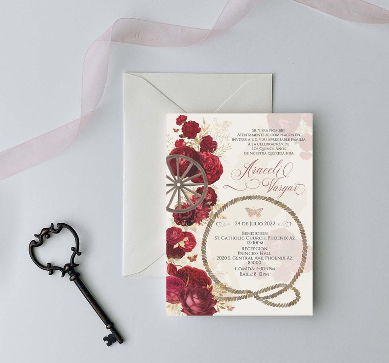 Red Charro Quinceanera Invitation, Charro Quinceanera, Red and Gold Quinceanera, Charro Invitation, Western Quinceanera Invitation,