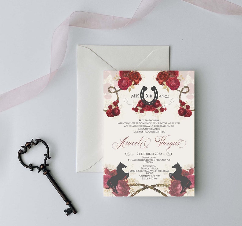 Red Charro Quinceanera Invitation, Charro Quinceanera, Red and Gold Quinceanera, Charro Invitation, Western Quinceanera Invitation, Charro 3
