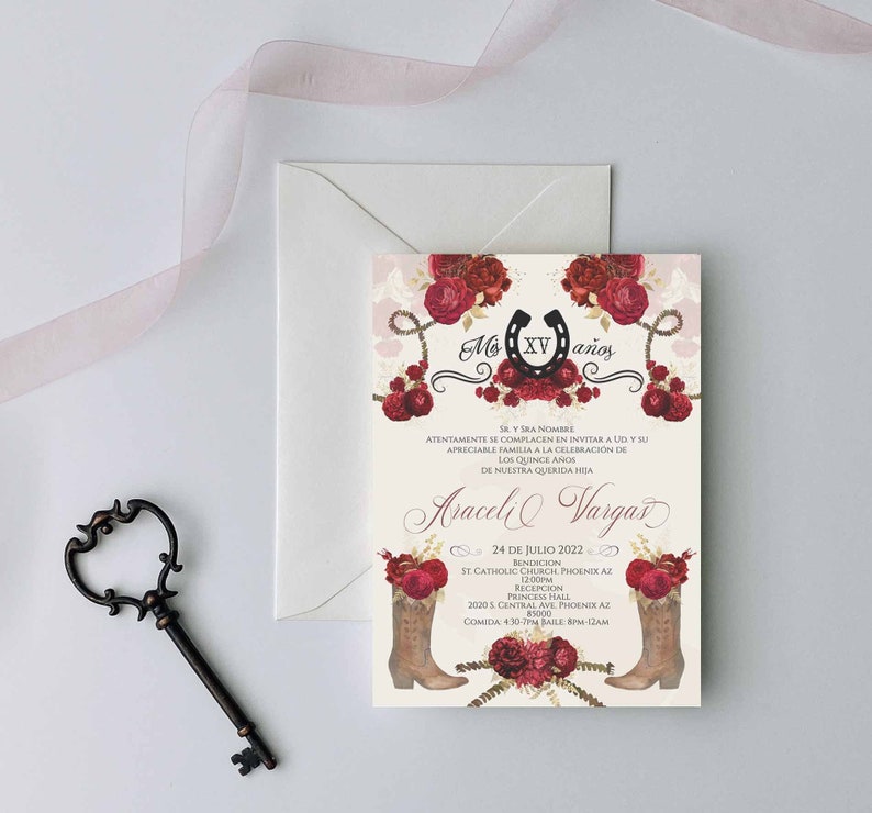 Red Charro Quinceanera Invitation, Charro Quinceanera, Red and Gold Quinceanera, Charro Invitation, Western Quinceanera Invitation, Charro 9