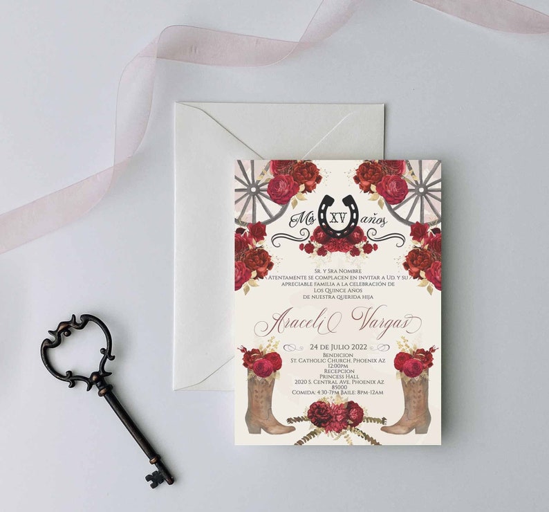Red Charro Quinceanera Invitation, Charro Quinceanera, Red and Gold Quinceanera, Charro Invitation, Western Quinceanera Invitation, Charro 7