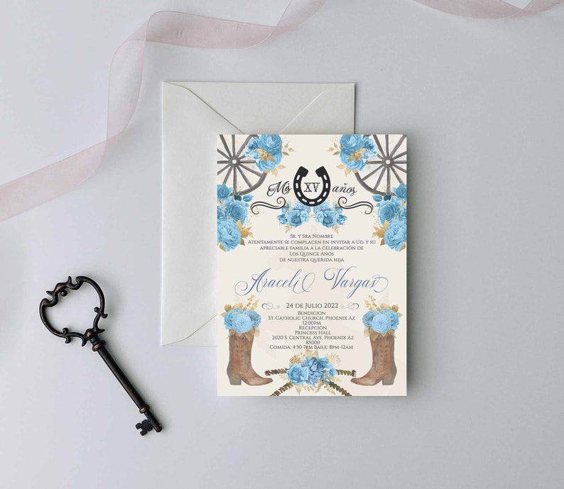 Light Blue Charro Quinceanera Invitation, Charro Quinceanera, Blue Quinceanera, Charro Invitation, Western Quinceanera Invitation, Charro 9