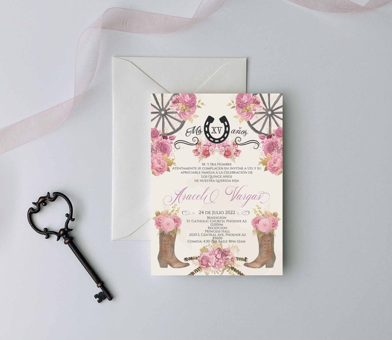 Light Pink Charro Quinceanera Invitation, Charro Quinceanera, Pink Quinceanera, Charro Invitation, Western Quinceanera Invitation, Charro 9