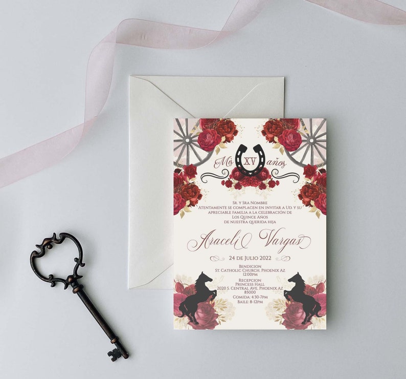 Red Charro Quinceanera Invitation, Charro Quinceanera, Red and Gold Quinceanera, Charro Invitation, Western Quinceanera Invitation, Charro 3