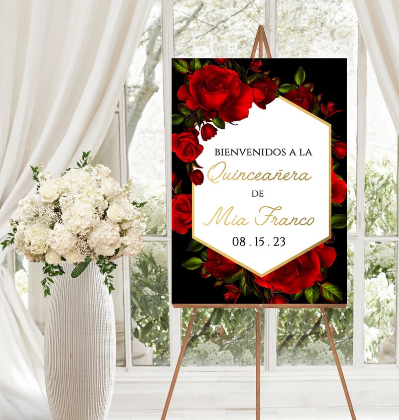 Red Rose Quinceanera Welcome Sign, Red and Gold Quinceanera Invitation, Red and Black Quinceanera Invitation, 15th Birthday Welcome Sign