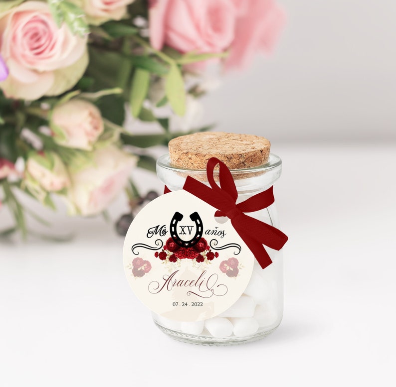 Red Charro Quinceanera Party Favors, Red Quinceanera Stickers, Red Quinceanera Labels, Red Quinceanera Tag, 2in Circle,