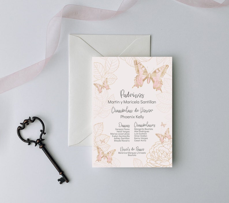 Pink and Gold Butterfly Quinceanera Padrinos list, Court of Honor, Butterfly Quinceanera, Pink and Gold Quinceanera, Mis Quince Anos, 15th