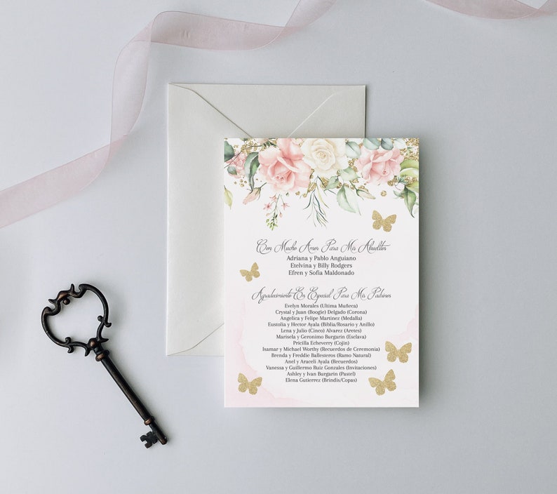 Pink and Gold Quinceanera Padrinos list, Court of Honor, Butterfly Quinceanera, Pink with Gold Invitation, Pink Invite, Mis Quince Anos