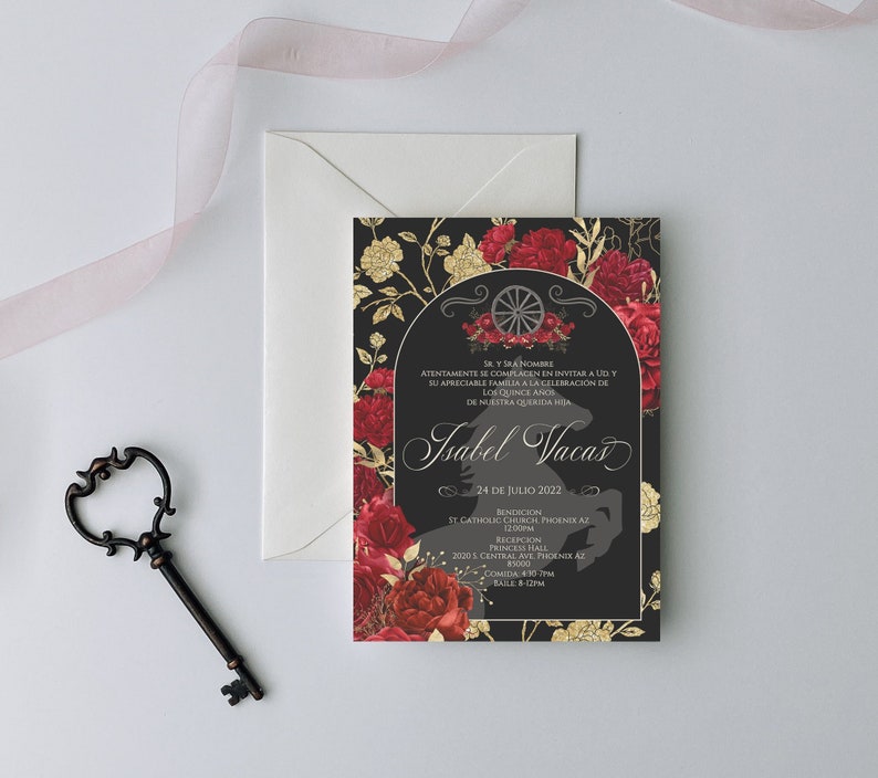 Red Charro Quinceanera Invitation, Charro Quinceanera, Red and Gold Quinceanera, Charro Invitation, Western Quinceanera Invitation, Black