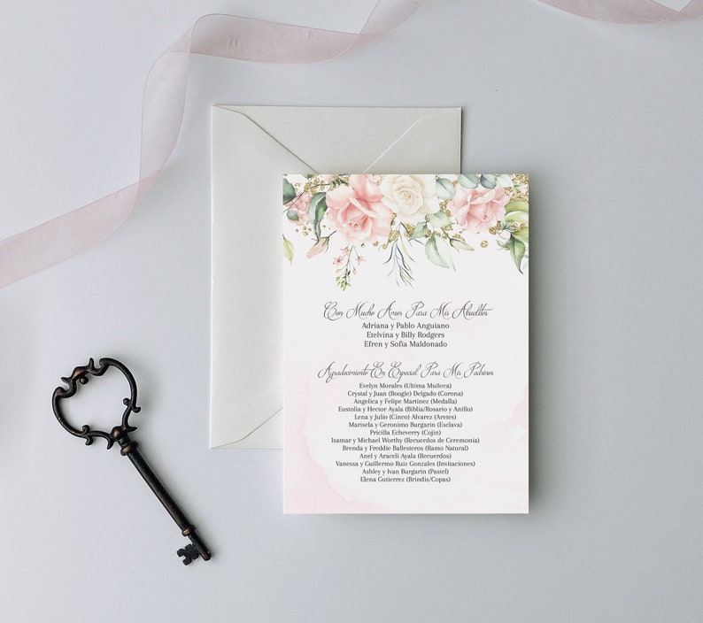 Pink and Gold Quinceanera Padrinos list, Court of Honor, Butterfly Quinceanera, Pink with Gold Invitation, Pink Invite, Mis Quince Anos