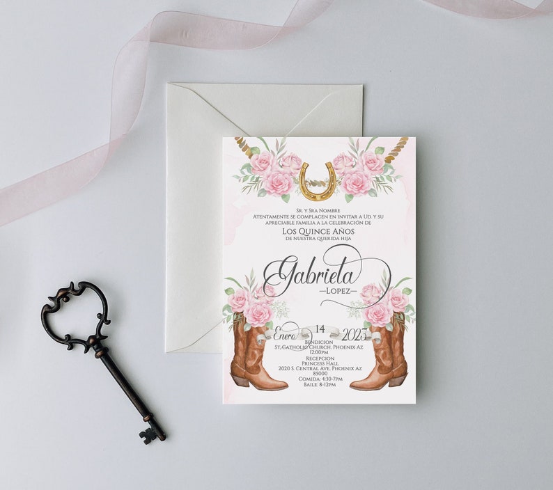 Light Pink Charro Quinceanera Invitation, Charro Quinceanera, Pink Quinceanera, Charro Invitation, Western Quinceanera Invitation, Blush