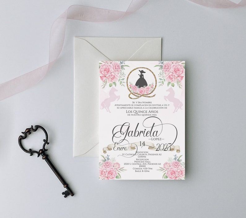 Light Pink Charro Quinceanera Invitation, Charro Quinceanera, Pink Quinceanera, Charro Invitation, Western Quinceanera Invitation, Blush