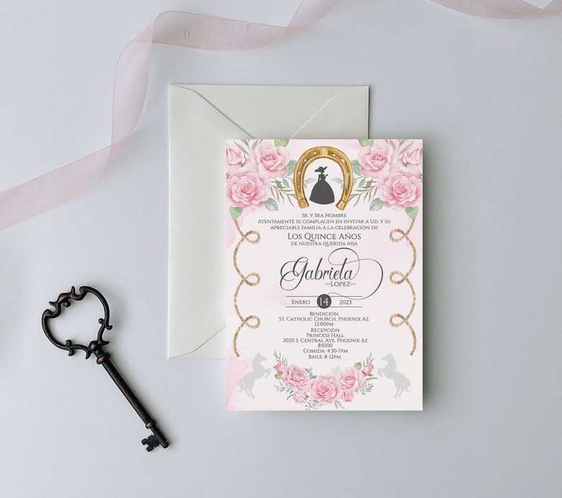 Light Pink Charro Quinceanera Invitation, Charro Quinceanera, Pink Quinceanera, Charro Invitation, Western Quinceanera Invitation, Blush