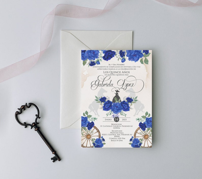 Royal Blue Charro Quinceanera Invitation, Charro Quinceanera, Blue Quinceanera, Charro Invitation, Western Quinceanera Invitation, Charro 9