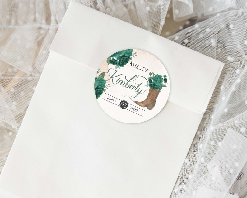 Emerald Charro Quinceanera Party Favors, Emerald Stickers, Emerald Quinceanera Labels, Emerald Quinceanera Tag, Emerald party, 2in Circle