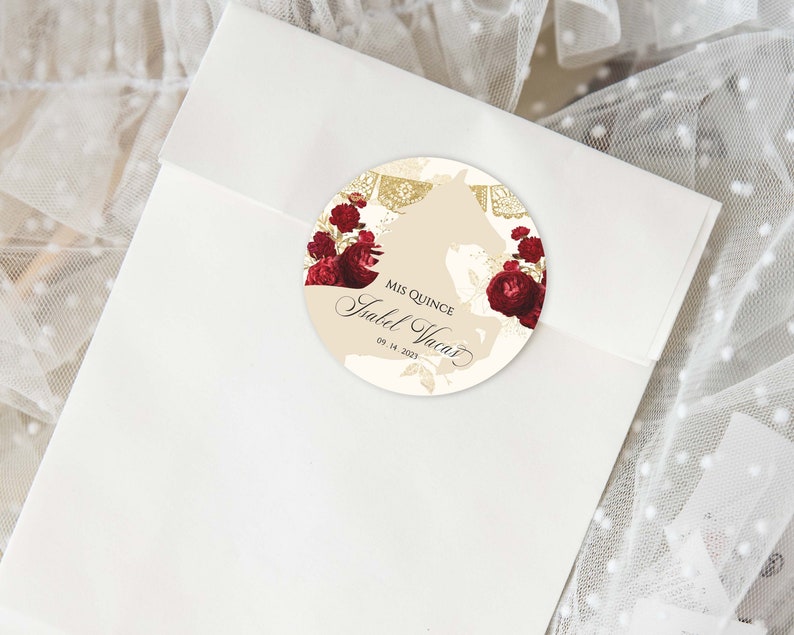 Red Gold Charro Quinceanera Party Favors, Red Quinceanera Stickers, Red Quinceanera Labels, Red Quinceanera Tag, Red and Gold, 2in Circle,