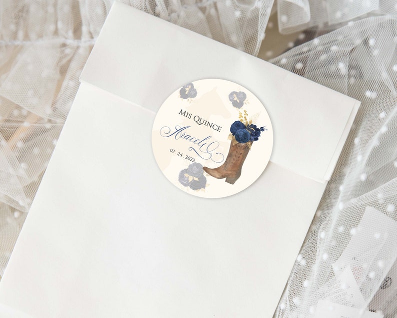 Blue Charro Quinceanera Party Favors, Blue Stickers, Blue Quinceanera Labels, Blue Quinceanera Tag, Blue party favor, 2in Circle, Navy Blue