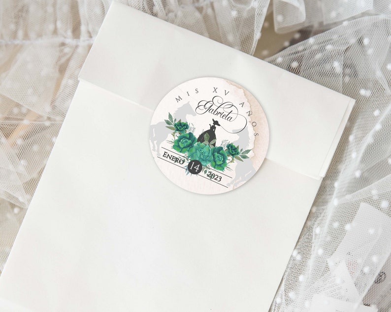 Emerald Charro Quinceanera Party Favors, Emerald Stickers, Emerald Quinceanera Labels, Emerald Quinceanera Tag, Emerald party, 2in Circle