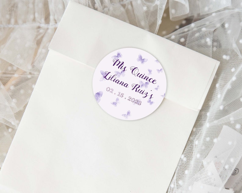 Purple Butterfly Quinceanera Party Favors, Purple Quinceanera Stickers, Purple Quinceanera Labels, Purple Quinceanera Tag, 2in Round,