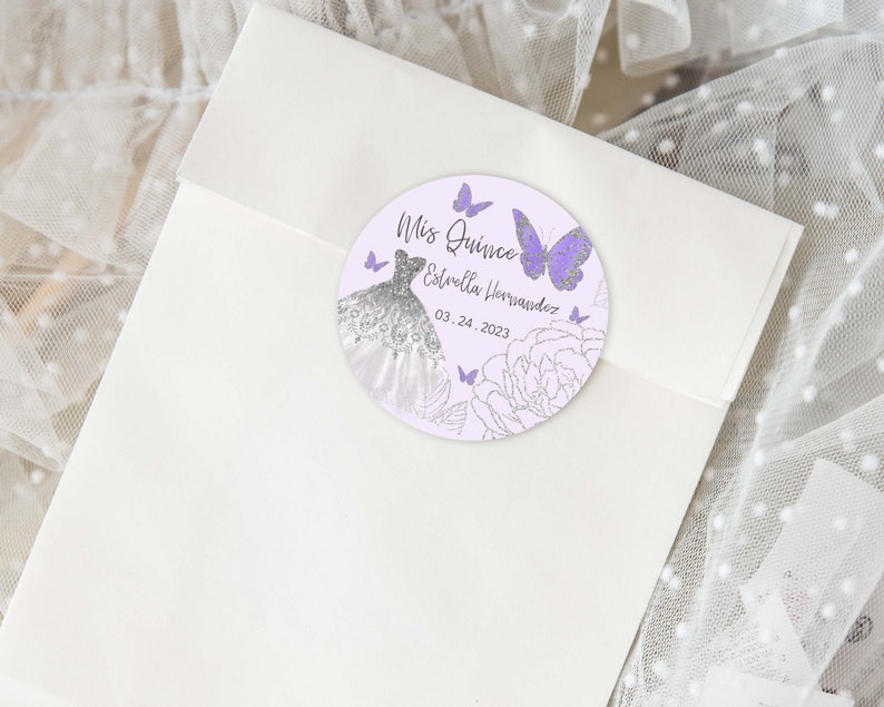 Purple Butterfly Quinceanera Party Favors, Purple Quinceanera Stickers, Purple Quinceanera Labels, Purple Quinceanera Tag, 2in Round,
