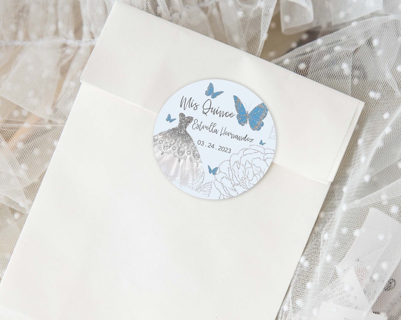 Blue Butterfly Quinceanera Party Favors, Blue Quinceanera Stickers, Blue Quinceanera Labels, Blue Quinceanera Tag, 2in Round, Blue Party Fav