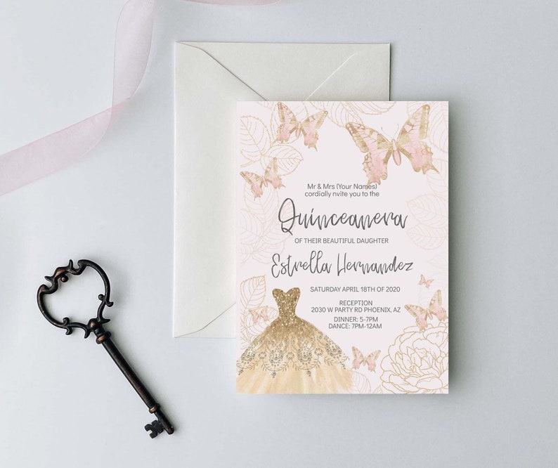 Pink and Gold Butterfly Quinceanera Invitation, Butterfly Quinceanera, Pink and Gold Quinceanera, Mis Quince Anos, 15th Birthday
