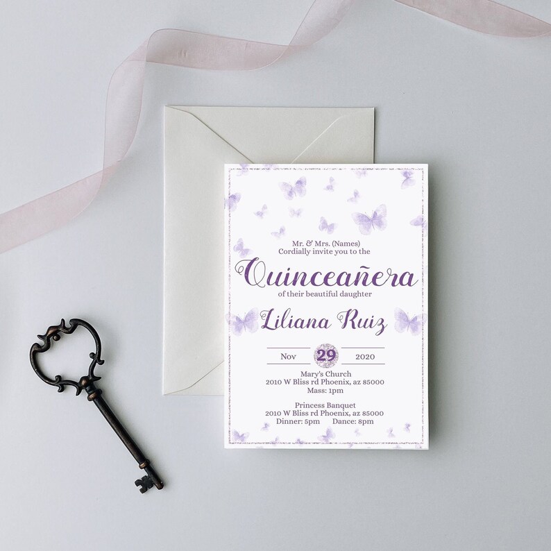 Butterfly Quinceanera Invitation, Purple Quinceanera Invitation, Quinceanera Invitation Template, Invitacion de Quinceanera, 15 Invitation
