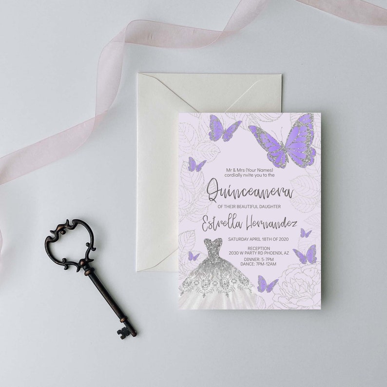 Purple and Silver Butterfly Quinceanera Invitation, Butterfly Quinceanera, Purple and Silver Quinceanera, Mis Quince Anos, 15th Birthday