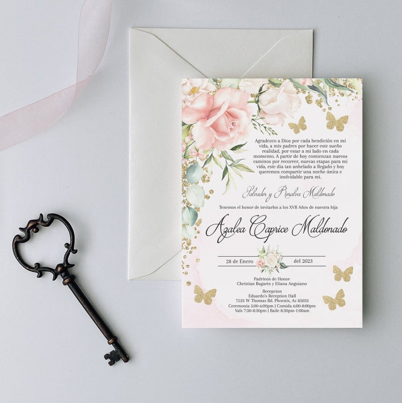Pink Floral with Gold Butterflies Quinceanera Invitation, Pink Quinceanera Invitation, Pink Invitation, Blush Invitation, Blush Quinceanera
