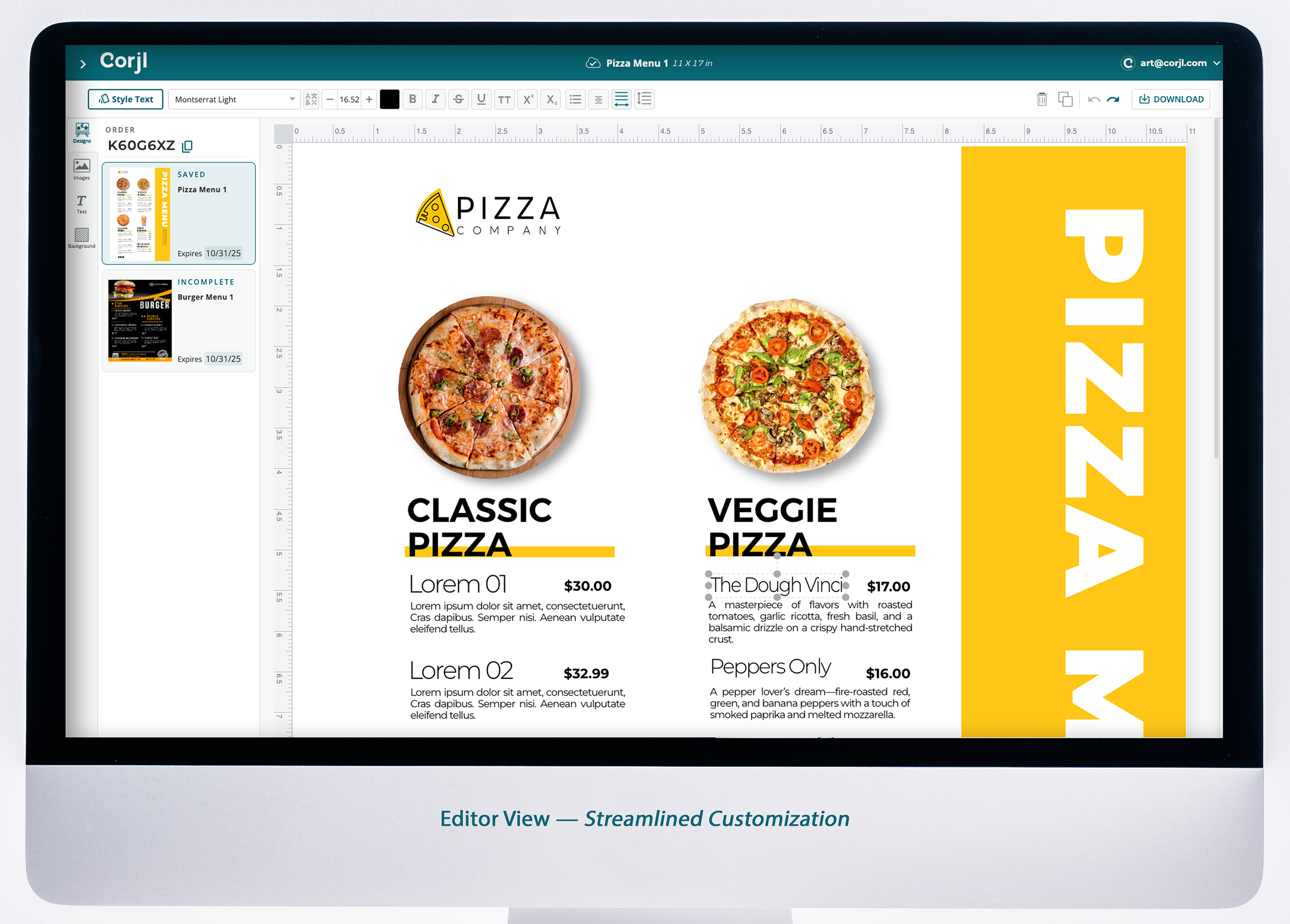 Editor view - streamlined customization of template