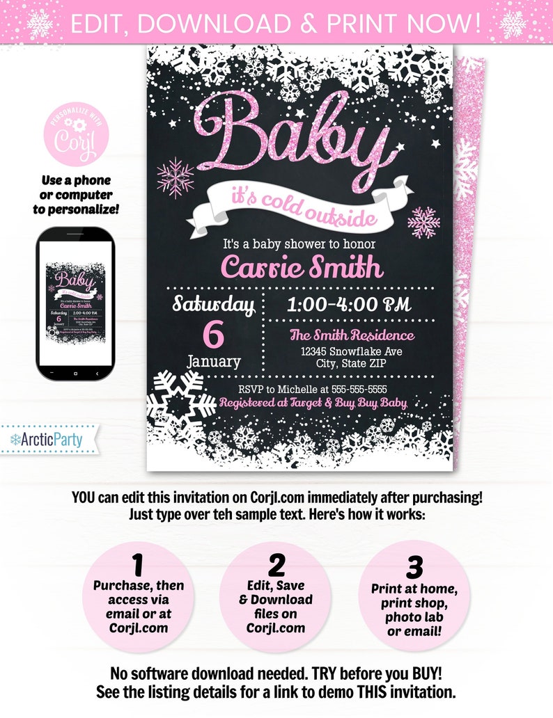 Girl Baby Its Cold Baby Shower Invitation – Baby Shower Supplies – Girl Baby Shower Invites – Pink Baby Shower Invitations – Winter