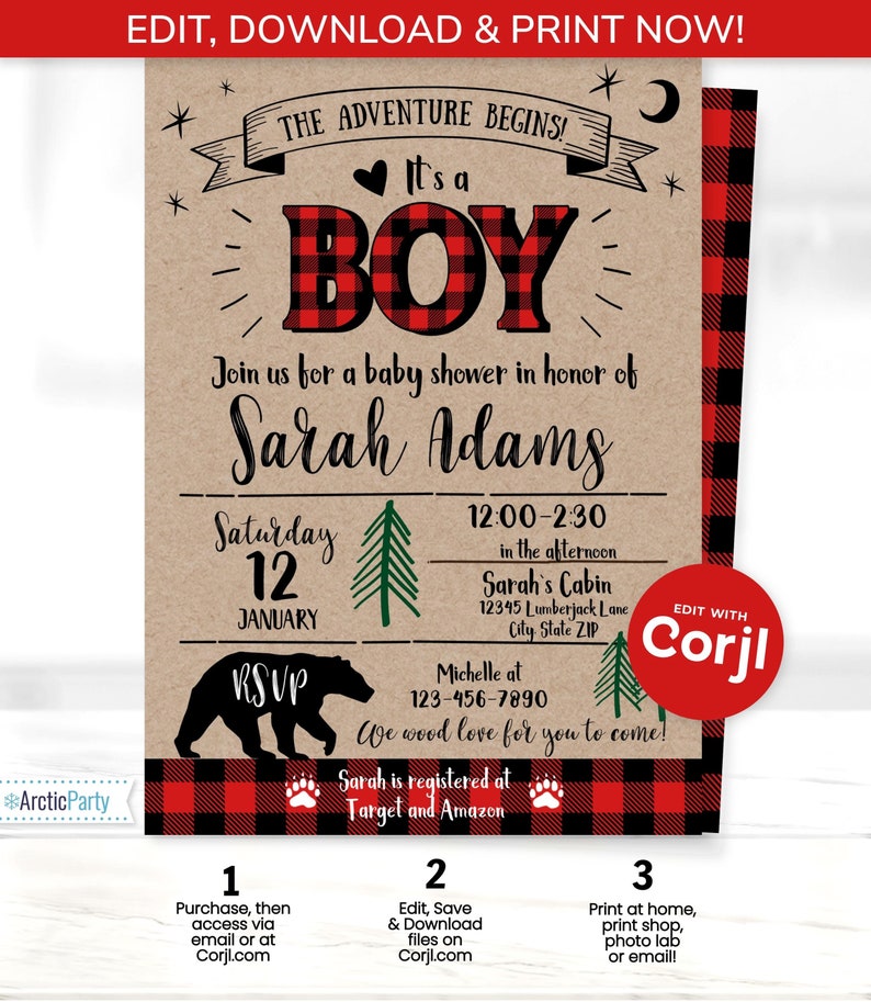 Lumberjack Baby Shower Invitation, Lumberjack Baby Boy Invite, Lumber Jack Invitation – Edit using Corjl